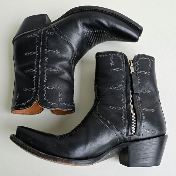 Lucchese Mila Boots Size 8 Black Leather Short Boot Side Zip Snub Toe Embroidery - Picture 15 of 16